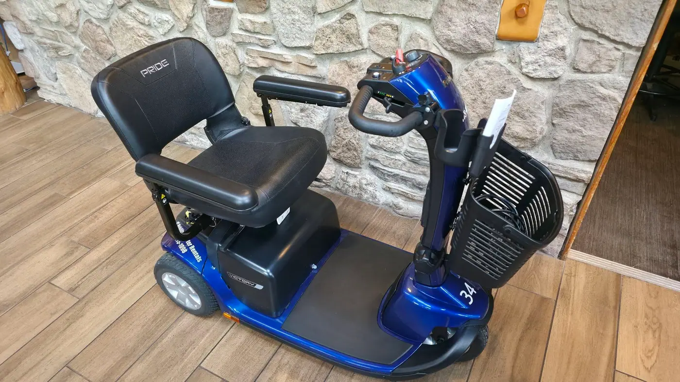 Blue Pride Victory 10 three-wheel mobility scooter from KC Mobility Scooter Rentals — clean, fully charged, and ready for delivery.