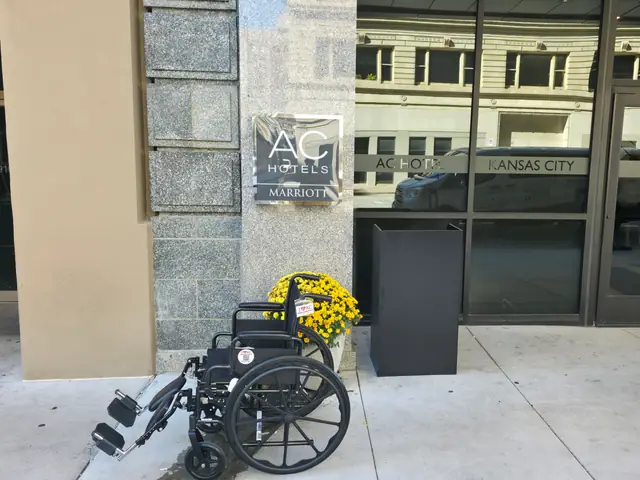 16-inch-seat manual wheelchair from KC Mobility Scooter Rentals outside a downtown Kansas City hotel
