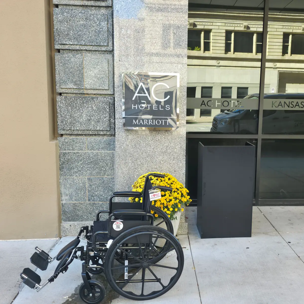 16-inch-seat manual wheelchair from KC Mobility Scooter Rentals outside a downtown Kansas City hotel