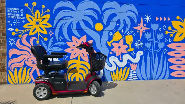 Mobility scooter at a blue floral mural, Kansas City