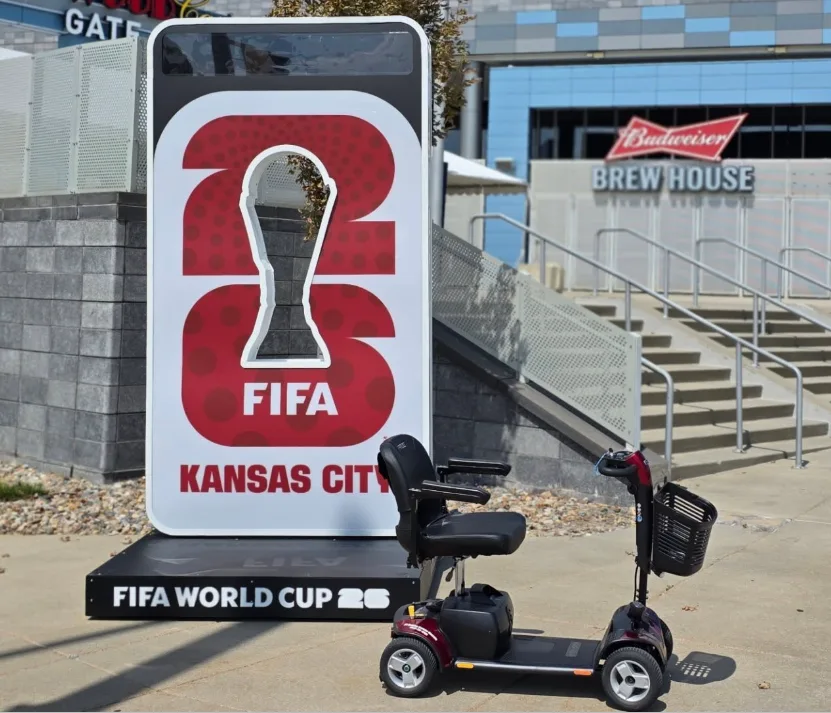 Pride mobility scooter staged at GEHA Field at Arrowhead Stadium ahead of the Kansas City 2026 global soccer event