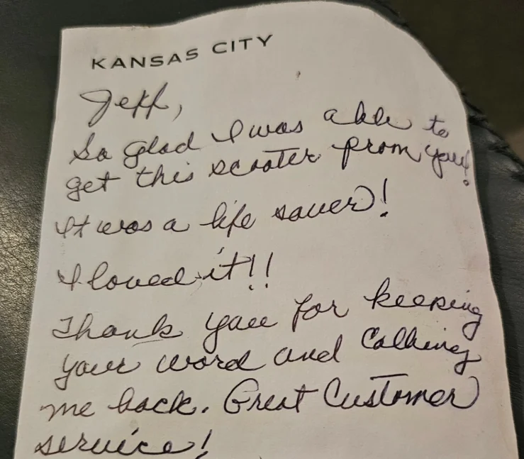 Hand-written thank-you note on Kansas City stationery from a KC Mobility Scooter Rentals customer thanking Jeff for delivering a mobility scooter.