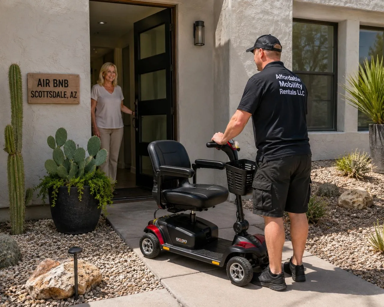 An Affordable Mobility Rentals team member delivering a mobility scooter to a guest at a vacation rental in Scottsdale, Arizona