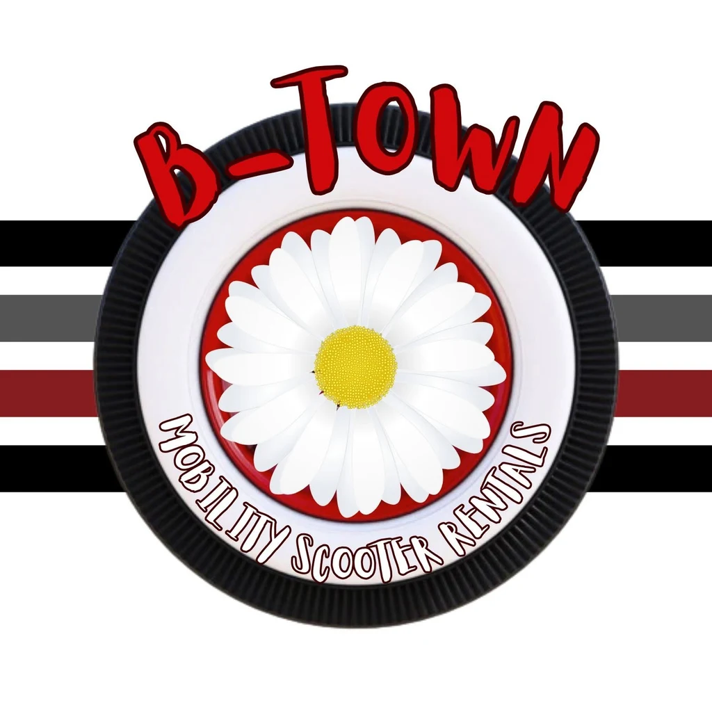 B-Town Mobility Scooter Rentals logo — a white daisy inside a red hub and a black scooter tire, with the business name in red hand-lettering